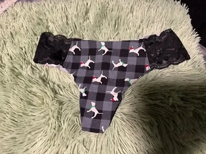 Women’s Victoria’s Secret PINK Black Checkered Dog Seamless Thong Panties Sz S - Picture 1 of 9