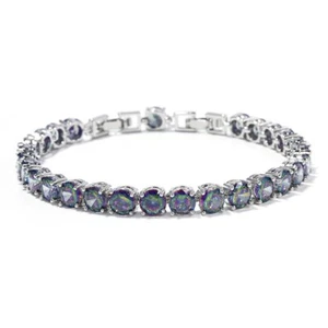 New 6mm Round Cut Rainbow Fire Mystic Topaz Gemstone Silver Women Girl Bracelet - Picture 1 of 6
