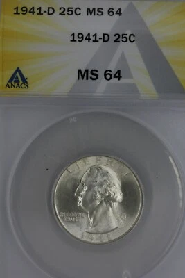 1941-D  .25  ANACS  MS 64  Washington Quarter, Silver 25 Cents (0.25) - Image 1 of 2