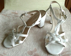 OBSEL SANDAL WHITE LEATHER ANKLE STRAP HEEL 8cm 36/6 MADE IN ITALY - Picture 1 of 3