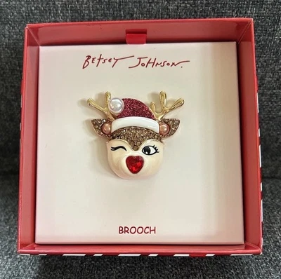 Betsey Johnson Jingle Bell Bling Reindeer Brooch Pin Gold Tone Red Crystal Heart - Image 1 of 4