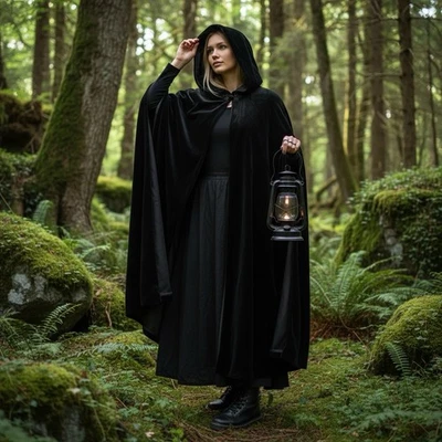 Vtg 80s JS Collections Witchy Goth Black Velvet Maxi Opera Hooded Cloak Cape M - Image 1 of 4