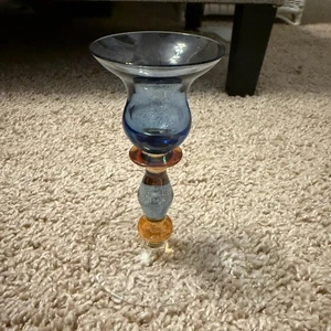 Vintage Kerzenständer aus Glas mit blauen und orangen Akzenten - Bild 1 von 7