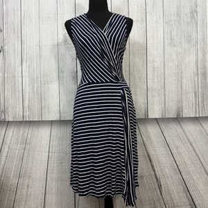 Kaileigh Women's XL Blue Horizontal Stripe Sleeveless Faux Wrap A-Line Dress - Picture 1 of 9