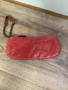 Vintage Fossil Clutch Wristlet Genuine Leather Red Hearts Brass Accents - Picture 1 of 6