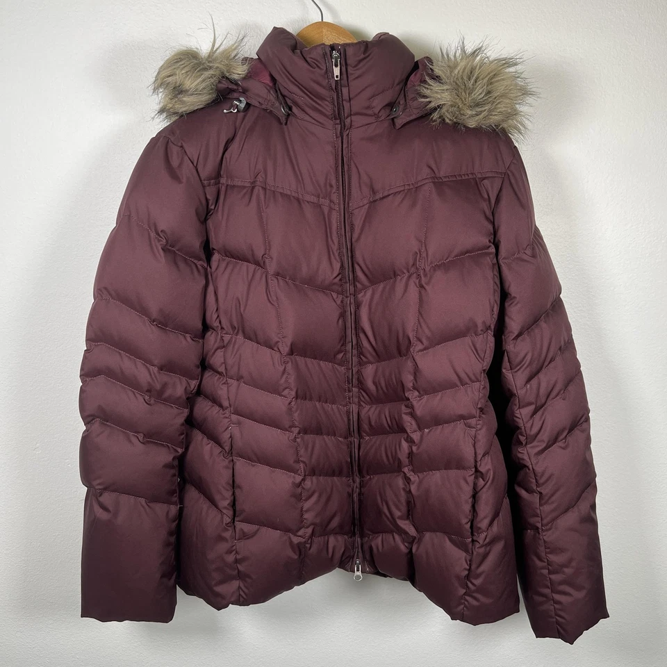 Lands End Girls Down Puffer Coat Sz L  Fur Trim Removable Hood Zip Pockets - Image 1 of 4