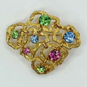 Vtg Pink Teal Green Uranium Glass Crystal Gold Tone Abstract Open Work Brooch - Picture 1 of 7