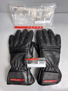 PRADA Guanto Mens Gloves Black Lambskin Leather Red Tab Size 6 Biker Moto Style - Picture 1 of 14