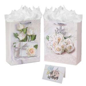Large White Wedding Gift Bag with Handles with Tissue Paper and Card Valentin...