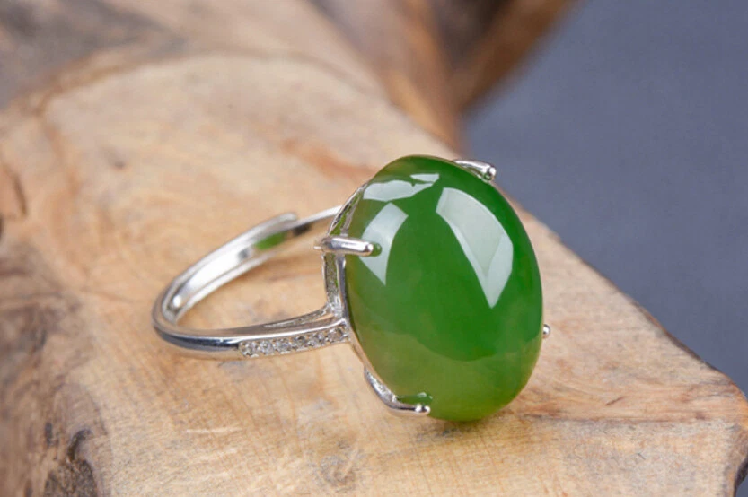 B14 Anello Verde Giada Argento Sterling 925 Nobile Elegante Regolabile - Immagine 1 di 3