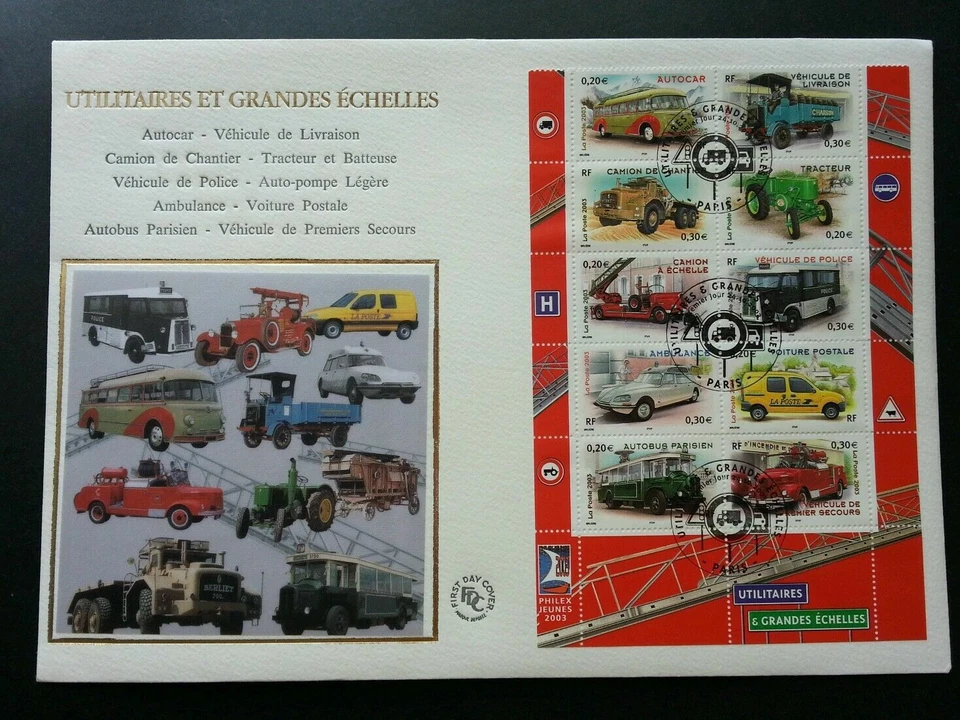 [SJ] France Local Transport 2003 Vehicle Bus Car Train Truck (sheetlet FDC) - Image 1 of 4