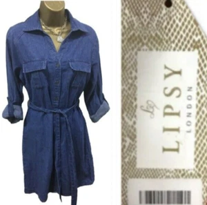 Lipsy Blue Denim Shirt Dress 8 Long Sleeve Utility Pocket Belt Party Summer Jean - Picture 1 of 13