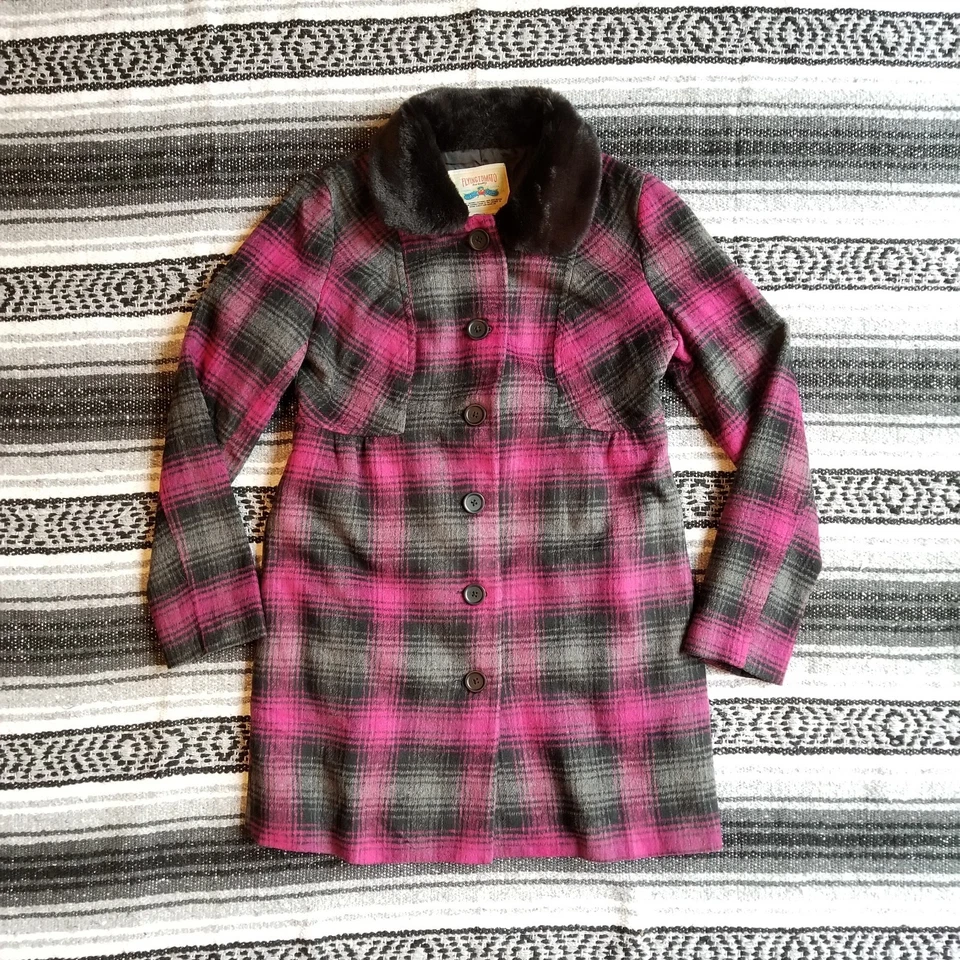 Flying Tomato Sz M Soft Wool Blend Trench Coat Jacket Pink Black Plaid Faux Fur  - Image 1 of 4