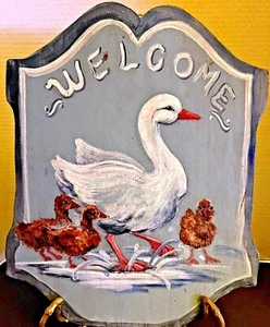 Hand Made Welcome Sign Mama Duck & Babies Gray/Blue Greeting Front Door Wood - Picture 1 of 5