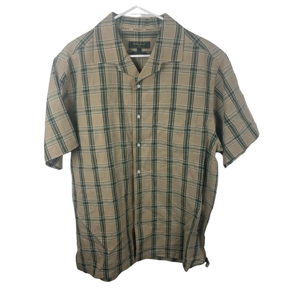 Bobby Jones Golf Tan Green Plaid Button Down Shirt Linen Blend Woven in Italy L - Image 1 of 4