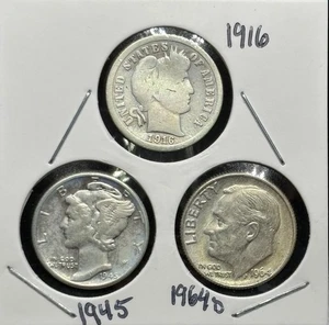Three Piece 90% Silver Dimes, 1916, 1945, 1964D, Barber, Mercury, Roosevelt! 🔥 - Picture 1 of 5