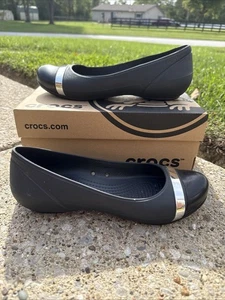 Women’s Crocs Black Cap Toe Ballet Flats Slip Ons Size W8 Career Casual Dress - Picture 1 of 11