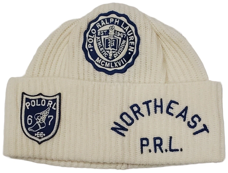 New Polo Ralph Lauren Cream North East 67 Embroidered Logo Patch Beanie - Image 1 of 1
