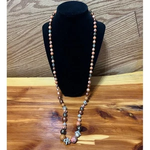Vintage Textured Beaded Earth Tone Hues Long Necklace Layering Jewelry 16 Inch - Picture 1 of 7