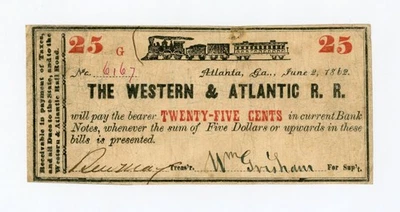 June 2, 1862 25c The Western & Atlantic Rail Road - GEORGIA Note w/ TRAIN - Image 1 of 2