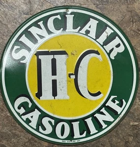 Vintage Sinclair HC Gasoline Yellow Green 11 1/2" Diameter Metal Sign Weathered - Picture 1 of 5