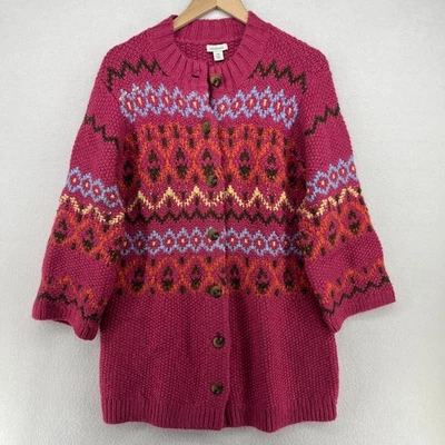 SUNDANCE Sweater PM Petite Fair Isle Thermal Cardigan Button Up Wool Blend Pink - Image 1 of 4