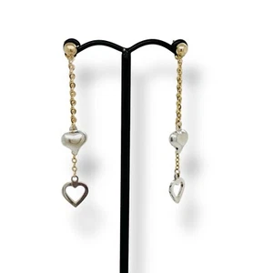 9ct Yellow & White Gold Heart Drop Dangle Stud Earrings 2.4g Preloved - Picture 1 of 12