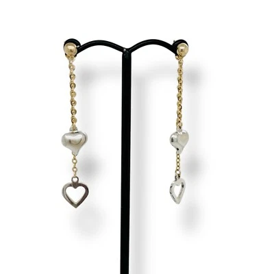 9ct Yellow & White Gold Heart Drop Dangle Stud Earrings 2.4g Preloved - Image 1 of 4