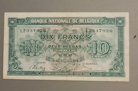 1943 (1944) BELGIUM 10 Francs or 2 Belgas - Kingdom in Exile - Pick# 122 - VF+ b Cover