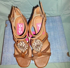 POP Stardust Two Strap Zip Back Wedge Tan Print Shoes Women's Size 6 M NWB - Picture 1 of 8