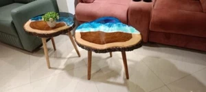 Round coffee table wood base home use river theme size 22 " with wooden legs - Picture 1 of 4
