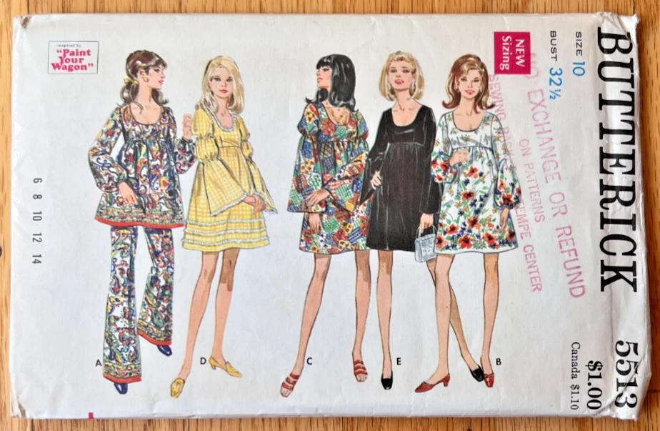 Vestido de Noche y Pantalones Butterick 5513 (1969) Patrón - Talla 10 - CORTE Completo Foto 1 de 2