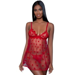 Hearts Babydoll Sheer Mesh Ruffle Cups Trim Panty Set Red 2032 Plus Size 1X - Picture 1 of 5