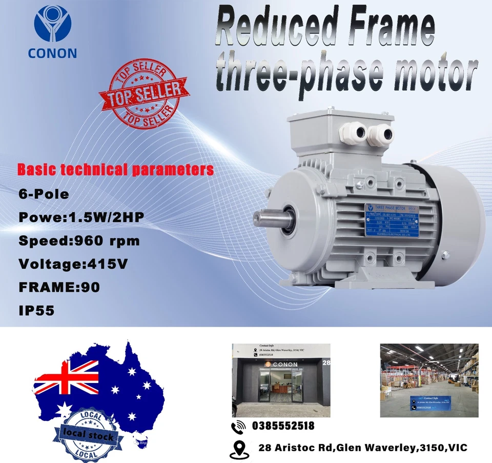 Three phase 1.5kw/2hp 6 pole 960rpm Electric motor 90 frame compressor - Image 1 of 1