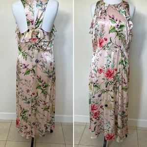 🩶M&S .. Pale Pink Floral Satin Ruffle Neck Midi Dress Size 14🩶 - Picture 1 of 8