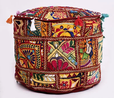 Indian Embroidered Vintage Patchwork Ottoman Pouf Comfortable Cotton Footstool  - Image 1 of 3