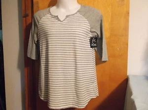 NEW "JUST MY SIZE GREY w/ WHITE STRIPE SCOOP NECK PULLOVER w/ 3/4 SLEEVES - Picture 1 of 1