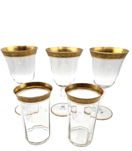 Tiffin Franciscan VTG Wine/Water Glasses Gold Rimmed Set of 5 Etched C Monogram - Picture 1 of 8