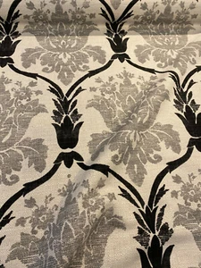 Lyra Black Gray Damask Linen Teflon Drapery Upholstery Fabric by the yard  - Picture 1 of 5