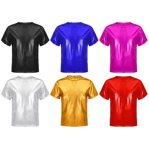 Boy Girls Metallic Hip Hop Jazz Dance Top Short Sleeve Party Performance T-Shirt - Picture 1 of 77