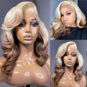 20 Zoll Ombre Blond bis Braun Lace Front Echthaar Perücken Farbig Kurz Nass... - Bild 1 von 7