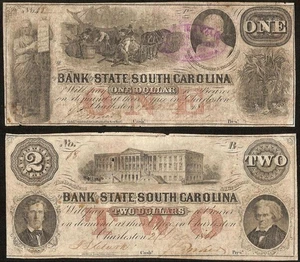 1861 $1 $2 SOUTH CAROLINA MATCHING NO. 68 LARGE PAPER MONEY CIVIL WAR NOTE MONEY - Picture 1 of 3