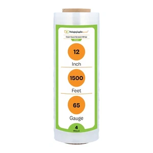 12" x 1500' 65 Gauge Cast Hand Stretch Wrap Clear Plastic Stretch Film 4 Rolls - Picture 1 of 8