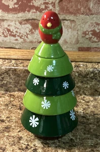 Pier 1 Imports Ceramic Christmas Tree w/ Bird Stacking Measuring Cups 5pc Set - Picture 1 of 19