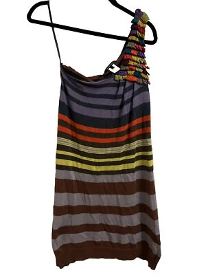 Vestido Suéter Nanette Lepore Rayas Colorido Un Hombro Seda Lino Talla S Foto 1 de 4