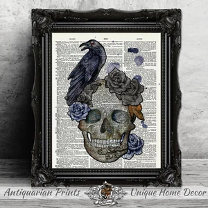 DECORACIÓN DEL HOGAR ARTE GÓTICO IMPRESIÓN EN PÁGINA DE LIBRO DE DICCIONARIO ANTIGUO Calavera y Cuervo Arte - Imagen 1 de 4