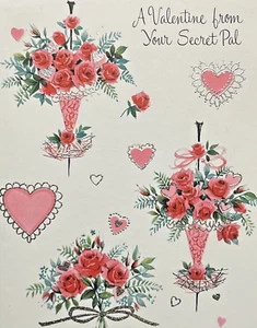 Vintage Valentinstagskarte geheimer Bewunderer rosa Blumen Vergiss mich nicht unbenutzt - Bild 1 von 5