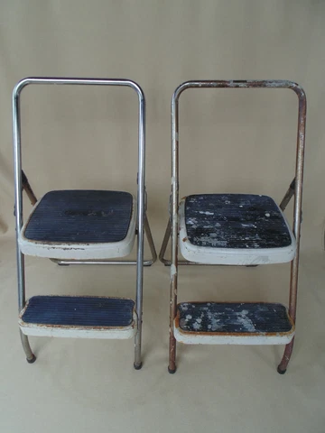 LOT Two Vintage Retro Cosco Folding 2-Step Stool Ladder Chair Viny Metal White Cover
