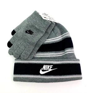 Nike Stripe Boys Size 8-20 Gray Black Warm Winter Beanie Gloves Set - Picture 1 of 3