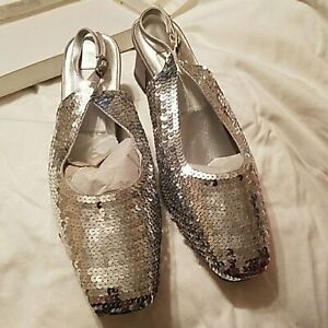 Silver sequin Sling back dressy shoes 2 inch satin heel